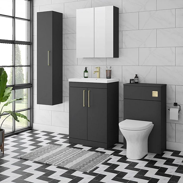 Arezzo 500 Matt Black WC Unit With Cistern, Brushed Brass Flush + Modern Pan 3 Arezzo 500 Matt Black WC Unit With Cistern, Brushed Brass Flush + Modern Pan