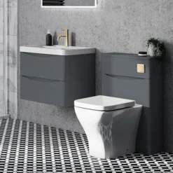 Monza Matt Grey 500mm Wide WC Unit With Cistern, Brushed Brass Flush + Modern Pan
