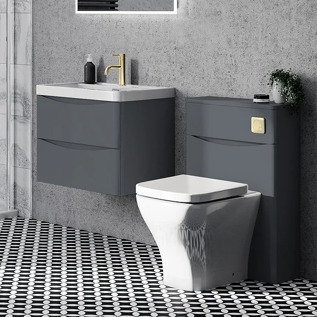 Monza Matt Grey 500mm Wide WC Unit With Cistern, Brushed Brass Flush + Modern Pan 3 Monza Matt Grey 500mm Wide WC Unit With Cistern, Brushed Brass Flush + Modern Pan